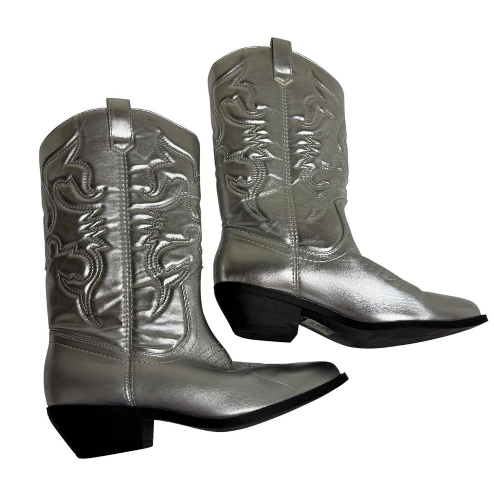 Soda Western Boots Cowboy Cowgirl Stitched Metallic Silver Women 7.5 NWOT